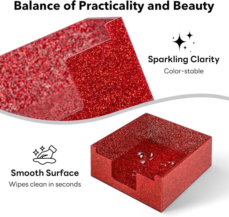 Luminzo Red Sparkling Sticky Note Holder, Glitter Acrylic Organizer, 3.94 x 3.94 in Multi-Use Tray for Office, School & Home Desk - Image 4